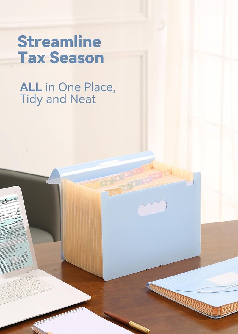 SortRax Accordion File Organizer 12 Pockets, Monthly Bill Receipt Tax Organizer, Expanding File Folders with Larger Bright Tabs, Fits Letter/A4 Size - Blue - Image 3